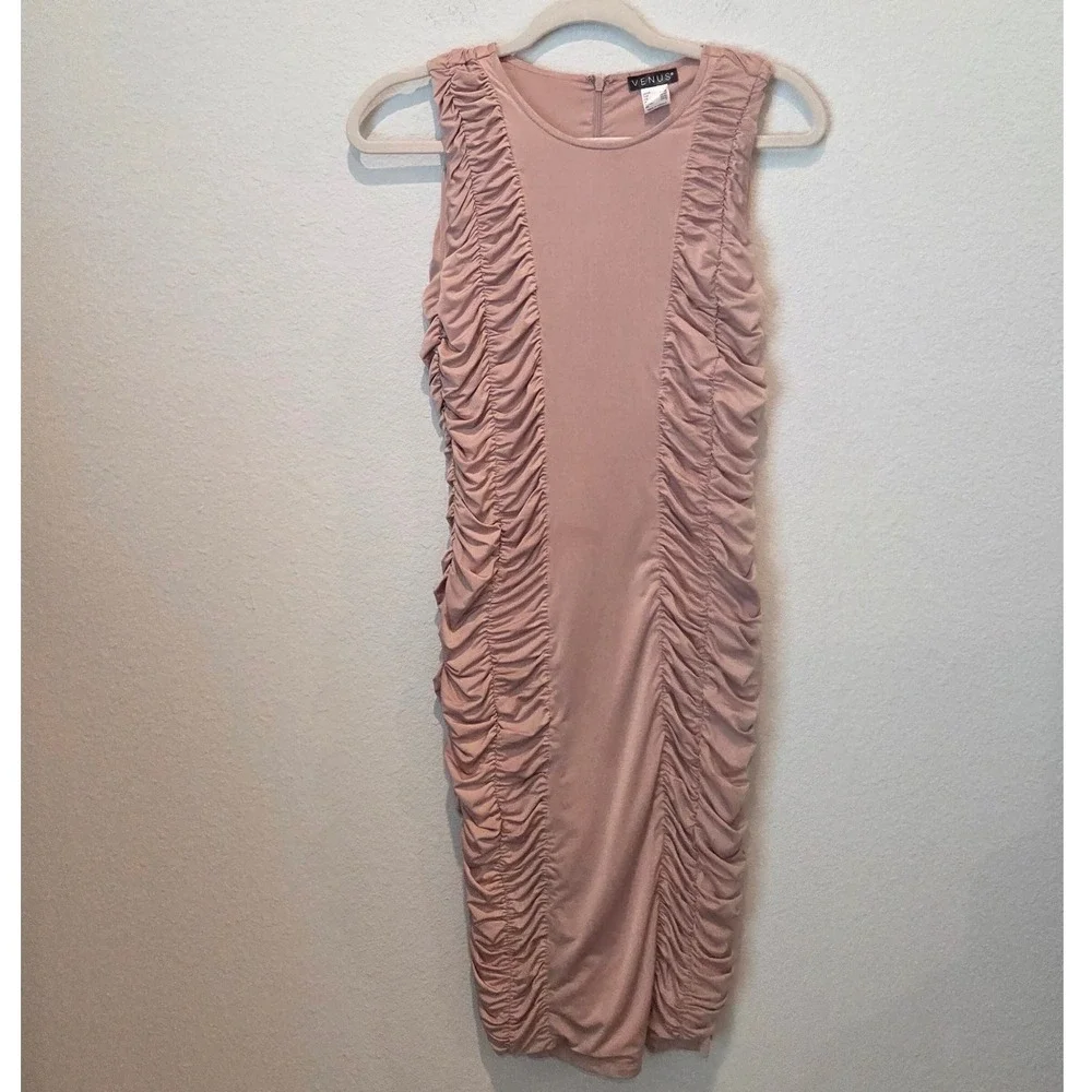 Venus Ruched Sleeveless Bodycon Midi Dress Size S Taupe‎ Neutral